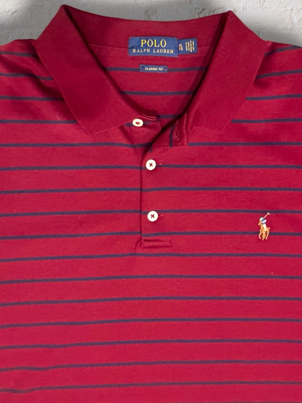 Polo Ralph Lauren Men’s XL Tall Classic Fit Burgundy Navy Stripe Polo Shirt - Picture 2 of 8